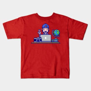 Happy Man Working On Laptop Cartoon Kids T-Shirt